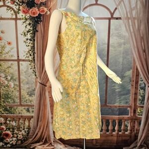 Vintage 1960's Dress Sundress Shift Butter Yellow Floral Cottage Retro Boho